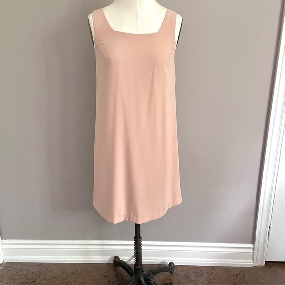 Nude Blush Pink High Square Neck Sleeveless Lined Tent Trapeze Mini Dress - S - Picture 8 of 9